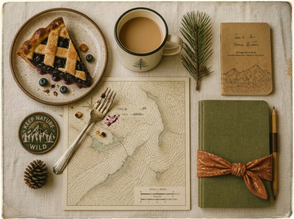 Blueberry pie, camp mug, topographic map and a field notebook on cream linen